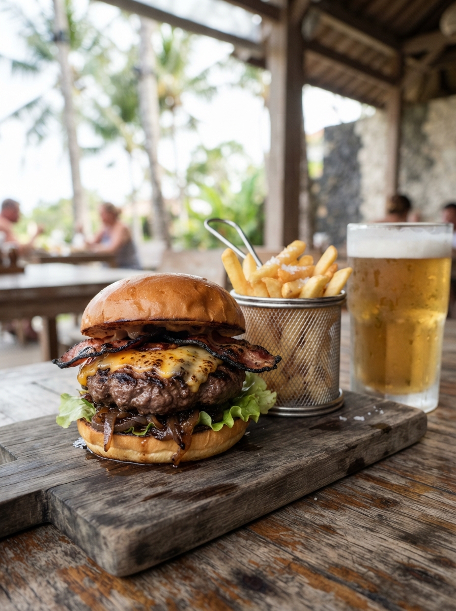 Flame-Grilled Lunch Break: Smoky Burger & Craft Beer Deal!